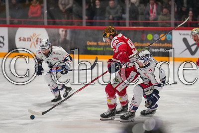 -90- Parker Bowles (EC Bad Nauheim) gegen -3- Thomas Muck (Blue Devils Weiden) und -89- Tyler Ward (Blue Devils Weiden), Pre-Playoffs - Spiel 2 - DEL 2 - EC Bad Nauheim gegen Blue Devils Weiden, Bad Nauheim, Colonel-Knight-Stadion, 07.03.25