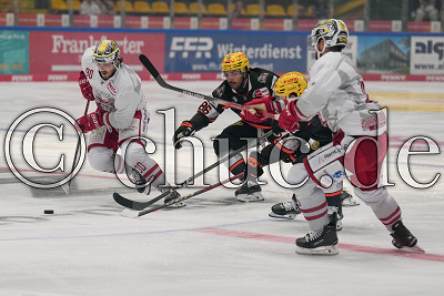 -90- Parker Bowles (EC Bad Nauheim) vor -86- Cameron Brace (Frankfurt Löwen) und -64- Markus Schweiger (-A- Frankfurt Löwen), rechts -15- Garret Pruden (EC Bad Nauheim), Vorbereitungsspiel - Frankfurt Löwen gegen EC Bad Nauheim , Frankfurt am Main, Eissporthalle am Ratsweg, 07.09.25