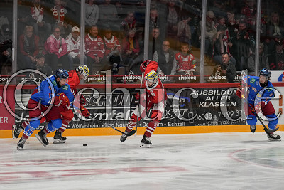 -90- Parker Bowles (EC Bad Nauheim) und -93- Julian Lautenschlager (EC Bad Nauheim) gegen -17- Leon Niederberger (Düsseldorfer EG) und -8- Kristian Blumenschein (Düsseldorfer EG), Vorbereitungsspiel - EC Bad Nauheim gegen Düsseldorfer EG, Bad Nauheim, Colonel-Knight-Stadion, 14.09.25