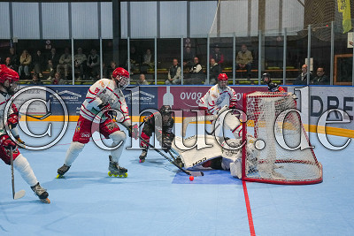 -95- Amandus Röttcher (Rhein-Main Patriots) und -72- Sean Liechti (Rhein-Main Patriots) gegen -21- Colin Dehnke (Düsseldorf Rams) und -59- Justin Schrörs (Torwart Düsseldorf Rams), Viertelfinale Play-Offs 1.  Bundesliga - Rhein-Main Patriots gegen Düsseldorf Rams, Niddatal OT Assenheim, Skaterhockeyhalle Assenheim, 11.10.25