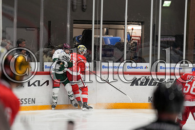 -7- Davis Koch (-A- EC Bad Nauheim) checkt -57- Charlie Sarault (-A- Starbulls Rosenheim), DEL 2 - EC Bad Nauheim gegen Starbulls Rosenheim, Bad Nauheim, Colonel-Knight-Stadion, 26.10.25