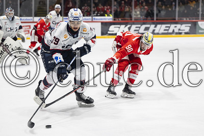 -79- Ryan Odude (Ravensburg Towerstars) wird von -90- Parker Bowles (EC Bad Nauheim) gest&ouml;rt, DEL 2 - EC Bad Nauheim gegen Ravensburg Towerstars, Bad Nauheim, Colonel-Knight-Stadion, 28.12.25